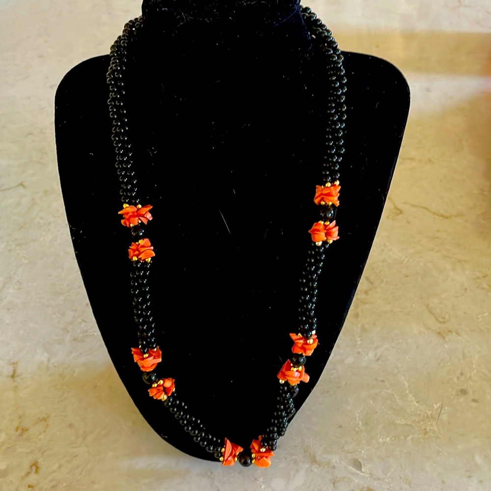 Vintage onyx and coral torsade necklace